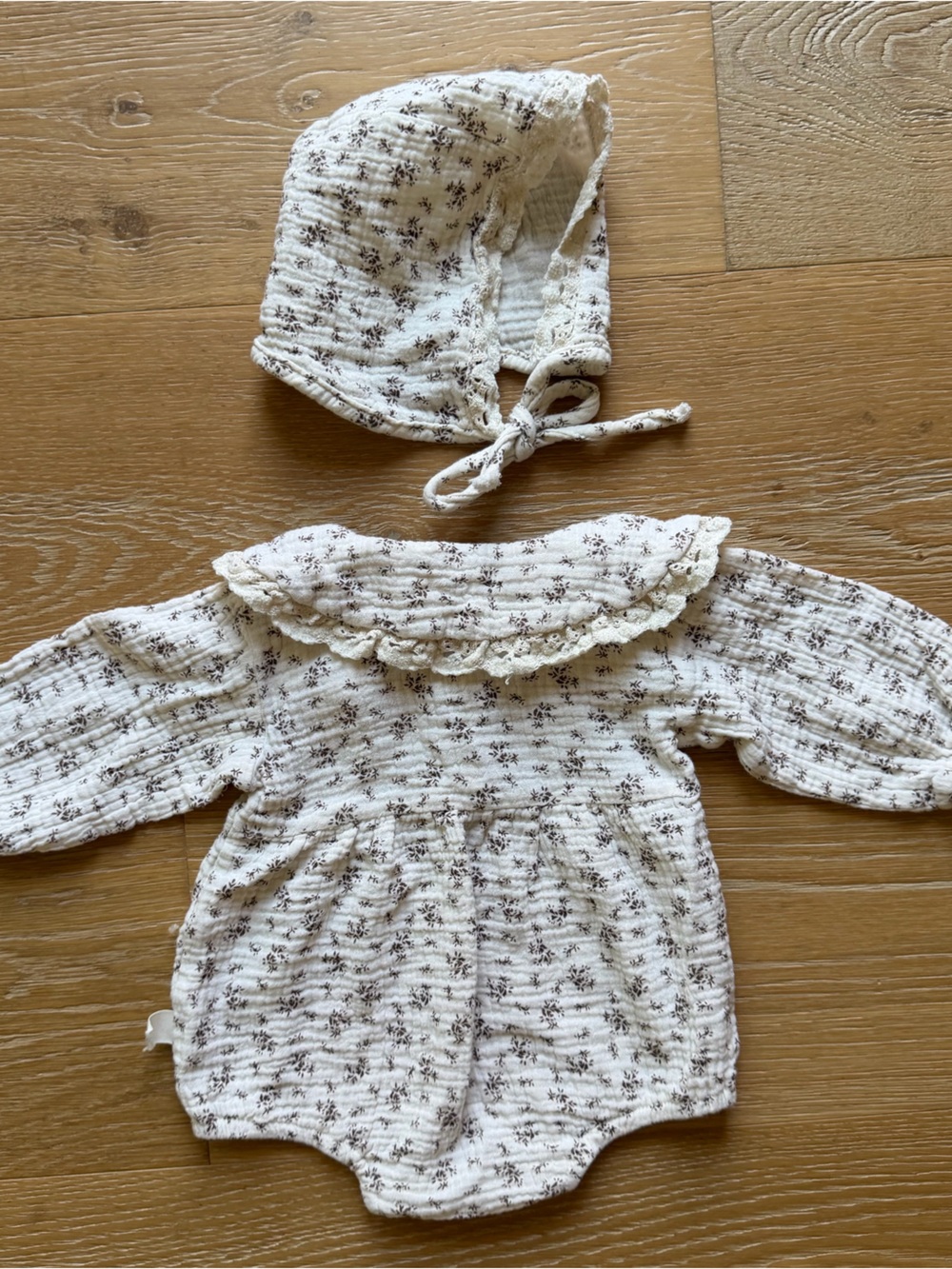 Cream Floral Baby Bonnet Romper Set - 100% cotton